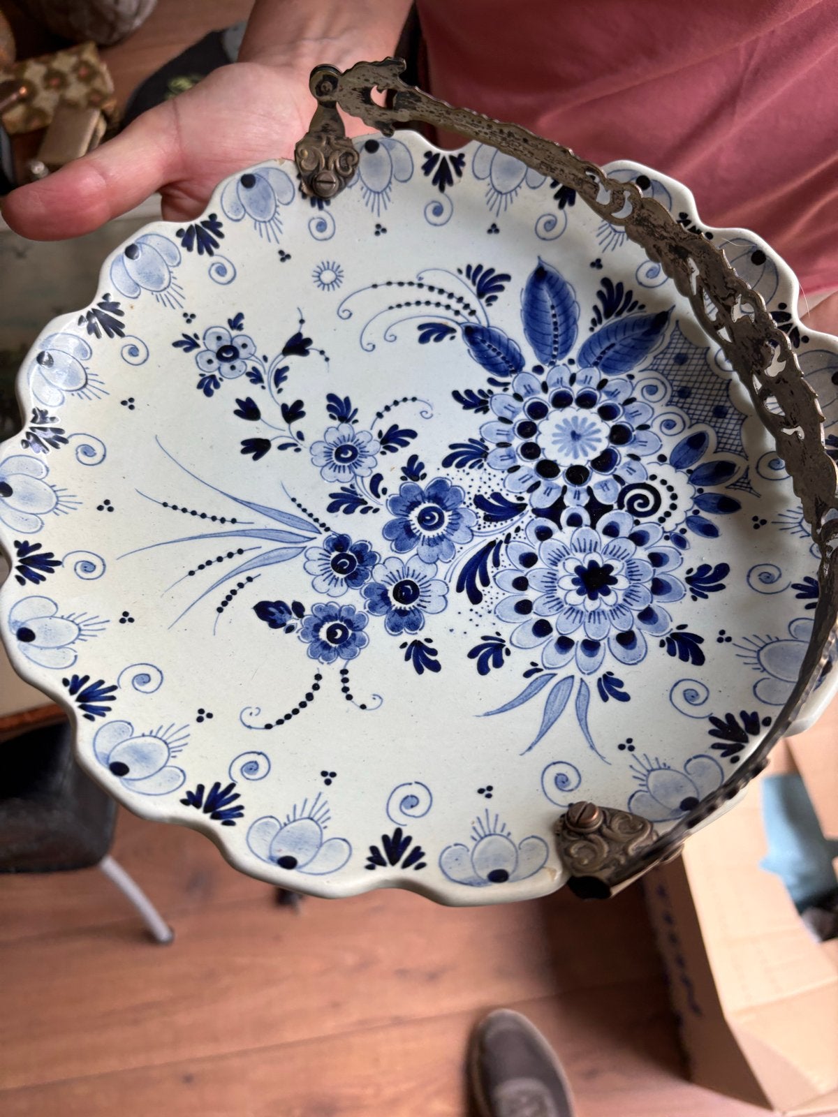 Antieke Delfts Blauwe Schaal met Metalen Handvat, Ophalen of Verzenden