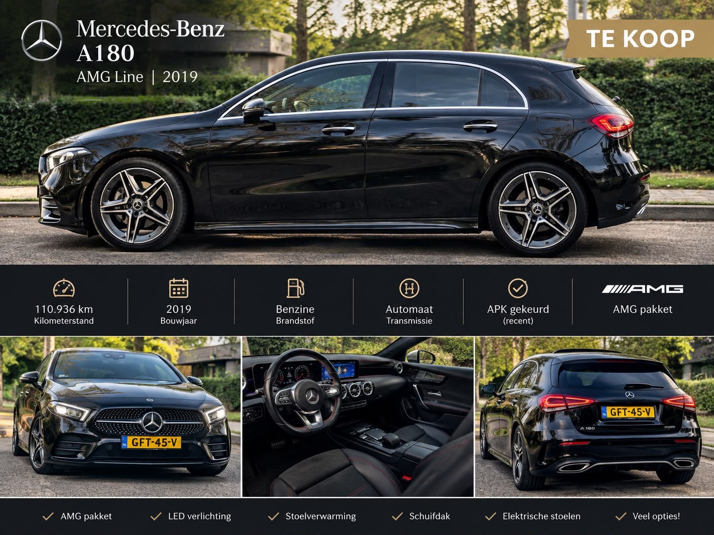 Mercedes-Benz A-Klasse A 180 136pk 7G-DCT 2019 Zwart, Auto's, 136 pk, 680 kg, 4 cilinders, Zwart