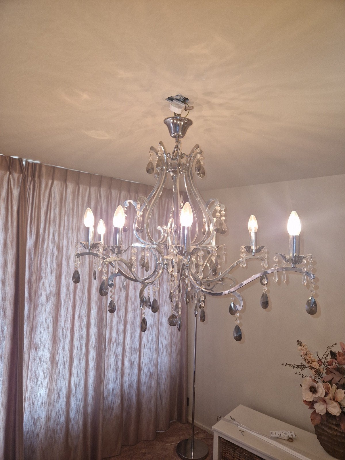Grote zilverkleurige kroonluchter met kristallen, Ophalen, Gebruikt, E14 (klein), Klassiek, Modern, Glamour