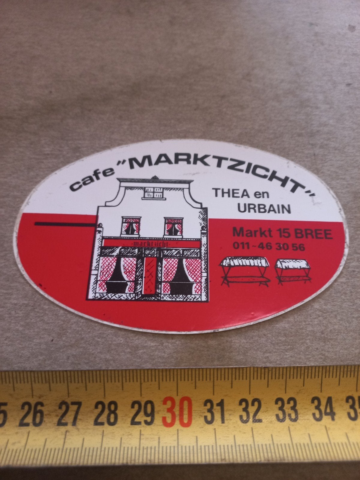 Vintage sticker  Cafe "Marktzicht" Bree, Ophalen of Verzenden, Gebruikt