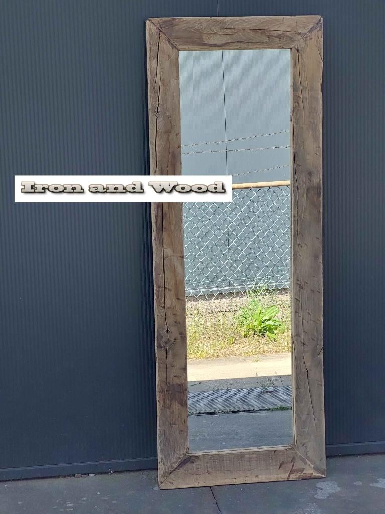 Grote spiegel 142x53 met stoere oude eiken wagondelen lijst, Huis en Inrichting, Woonaccessoires | Spiegels, Ophalen, 100 tot 150 cm