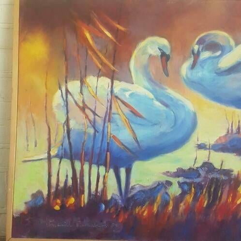 Olieverf twee Zwanen Annemiek Ramakers (1940 - 2019), Antiek en Kunst, Ophalen