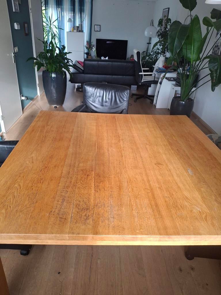 Massief Eiken Tafel met 4 Lederen Fauteuils, Huis en Inrichting, Tafels | Eettafels, Gebruikt, Klassiek, 150 tot 200 cm, Ophalen of Verzenden