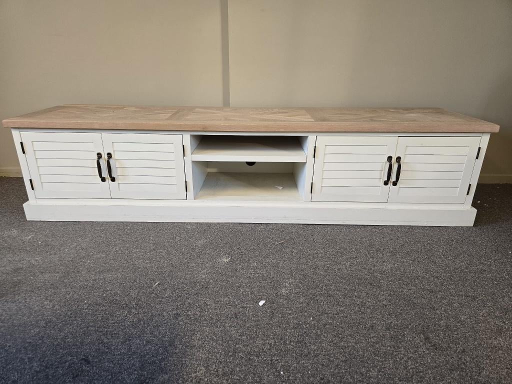 TV Meubel eiken-wit parket ingelegd 200x50, Ophalen, ., Eikenhout, 200 cm of meer