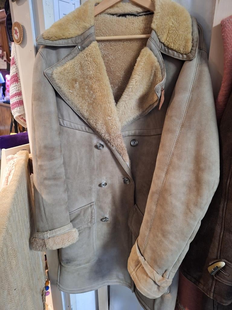 Vintage Leren Jas met Shearling Voering, Maat 38/40 (M), Beige, Ophalen of Verzenden, Onbekend