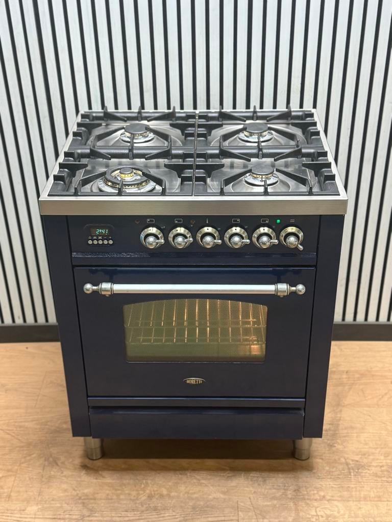 Luxe Blauwe Boretti Fornuis 4 pits 70x60 cm, Witgoed en Apparatuur, Fornuizen, Fornello Esperta, Zo goed als nieuw, Energieklasse A of zuiniger