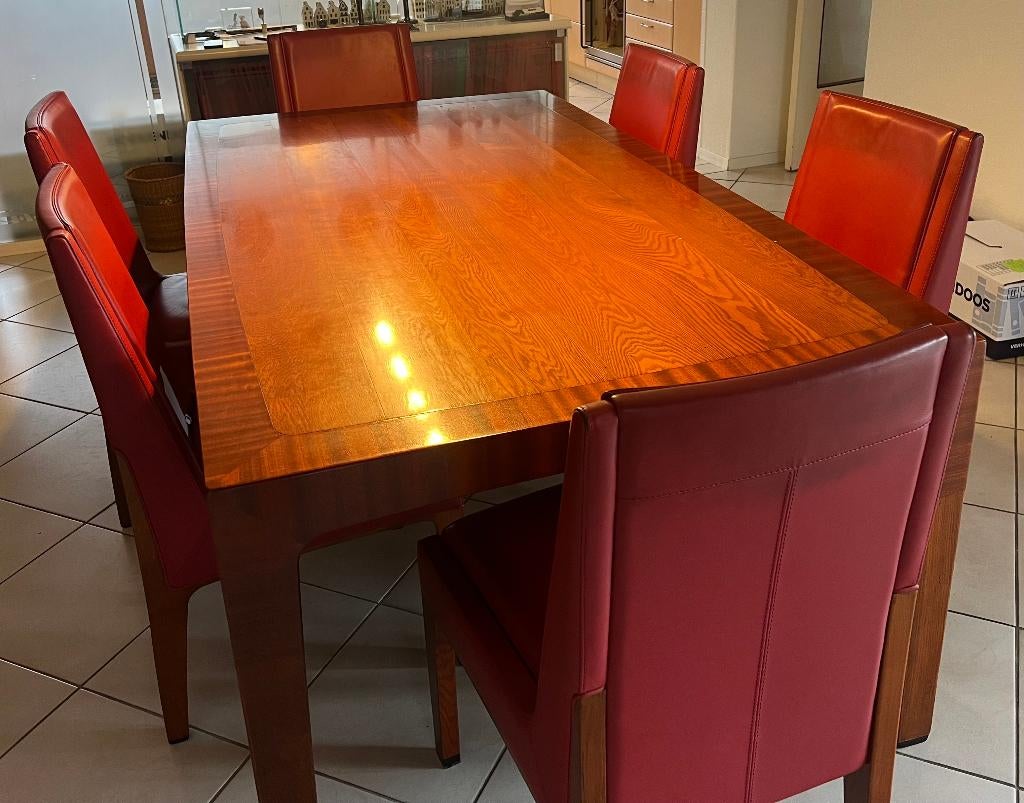 Houten eetkamertafel met 6 lederen stoelen, Ophalen, Gebruikt, 100 tot 150 cm, Vijf personen of meer
