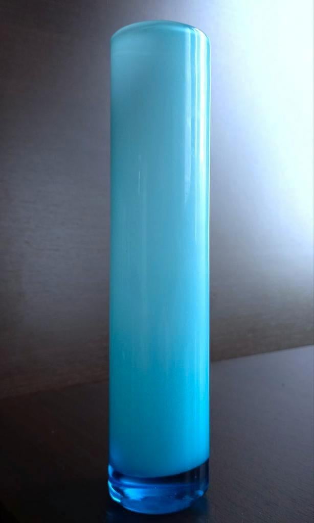 Cylindervaasje,soliflore,doorzichtig/mat petrol Lblauw glas, Ophalen of Verzenden