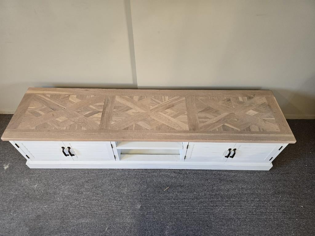 TV Meubel eiken-wit parket ingelegd 200x50, Ophalen, ., Eikenhout, 200 cm of meer