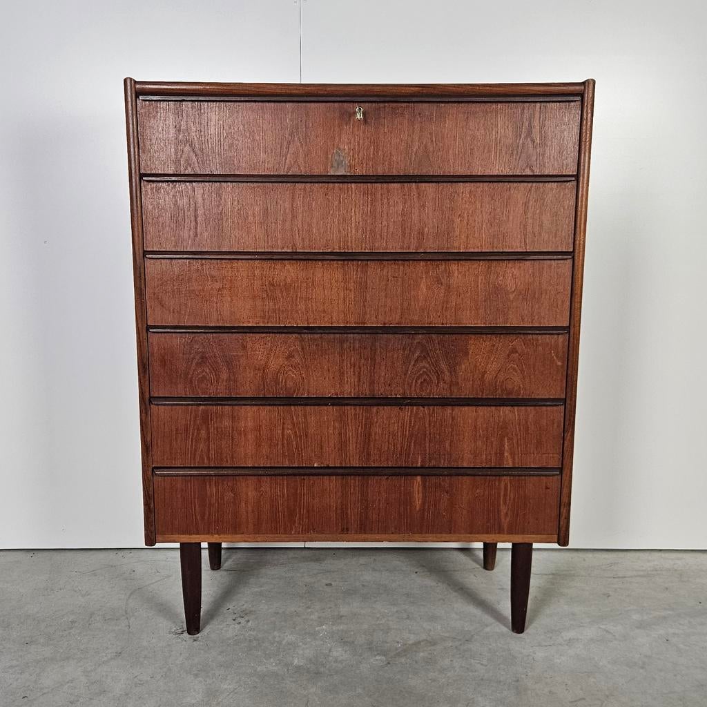 Vintage Deense hoge ladekast teak, Ophalen, Gebruikt, 5 laden of meer, 100 tot 150 cm
