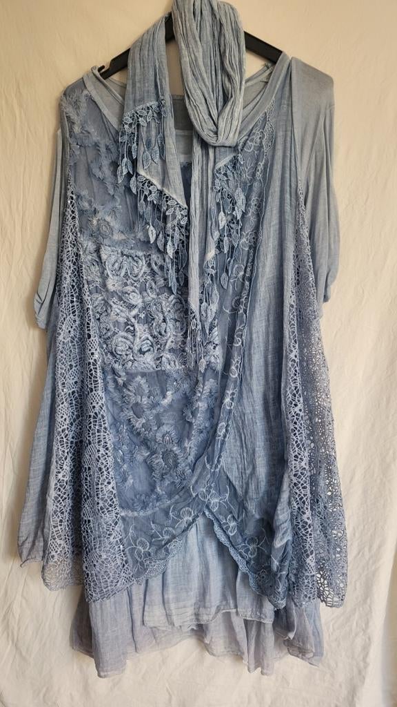 Jurk Petrol Blauw Katoen XL met Onderjurk en Sjaaltje, Blauw, Maat 46/48 (XL) of groter, Ophalen of Verzenden, Knielengte