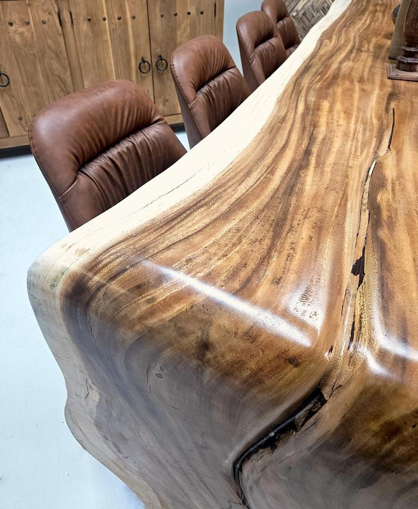 Boomstamtafel Suar watervaltafel rond organisch alle maten, Huis en Inrichting, Ophalen of Verzenden, Nieuw, Rechthoekig, 200 cm of meer