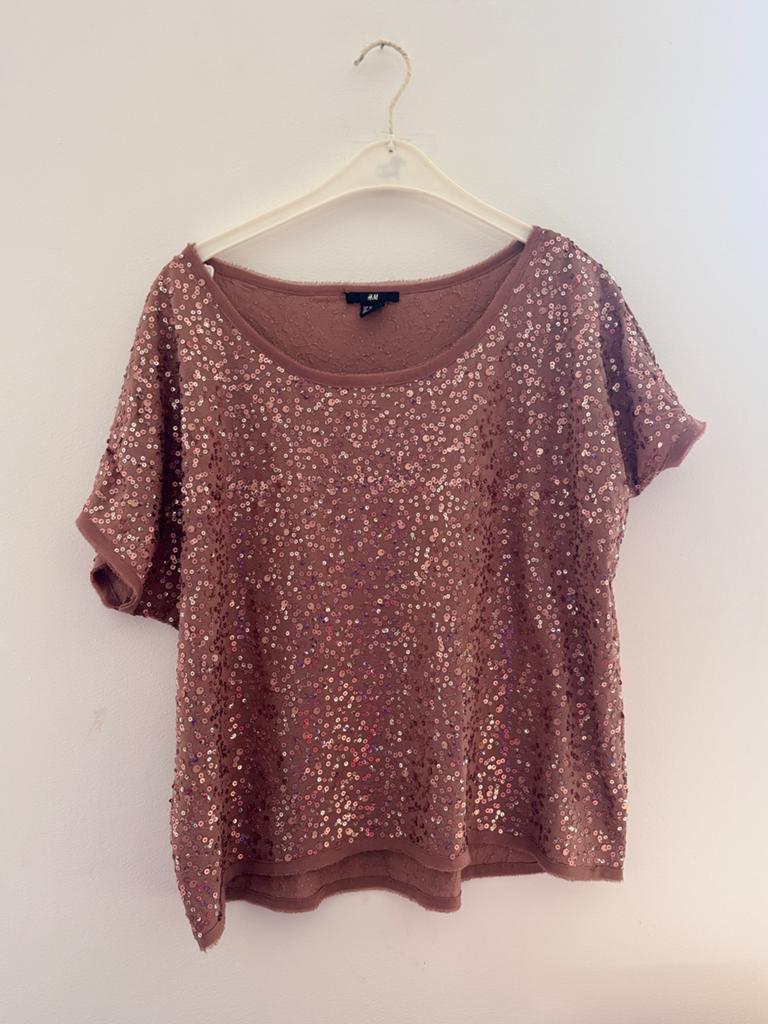 H&M Top met pailletten - Maat M, Maat 38/40 (M), Bruin, Verzenden, Korte mouw
