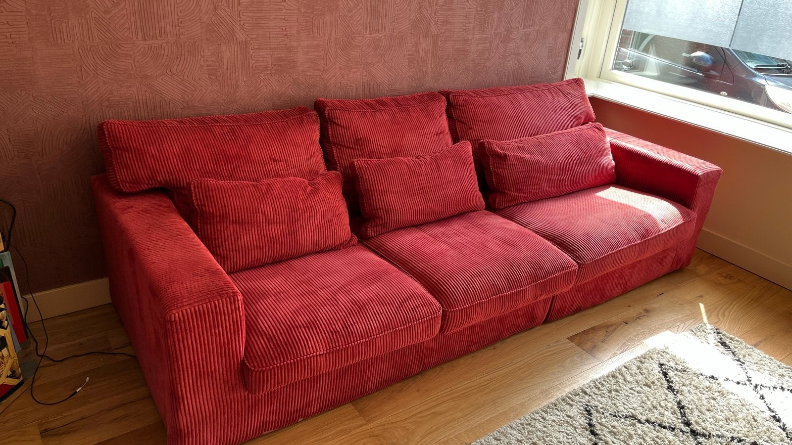 Comfortabele rode ribstof 3,5 zits bank (270x110cm), Ophalen, Gebruikt, Driepersoons, 75 tot 100 cm
