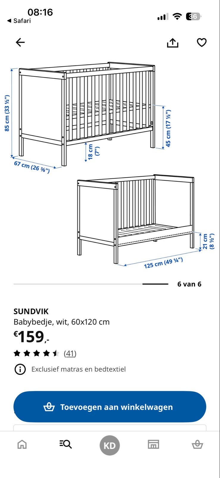 IKEA SUNDVIK Babybedje wit, 60x120 cm, Ophalen of Verzenden, Gebruikt, Ledikant