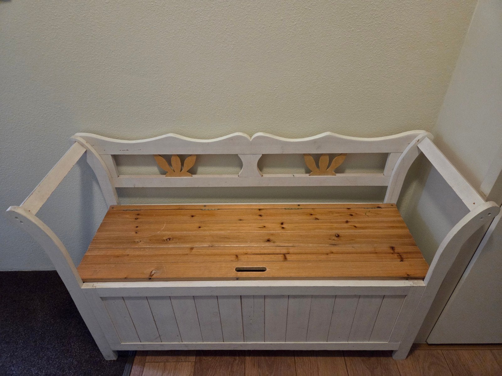 Witte houten bank met opbergruimte, Ophalen, Gebruikt, 100 tot 125 cm, Landelijk