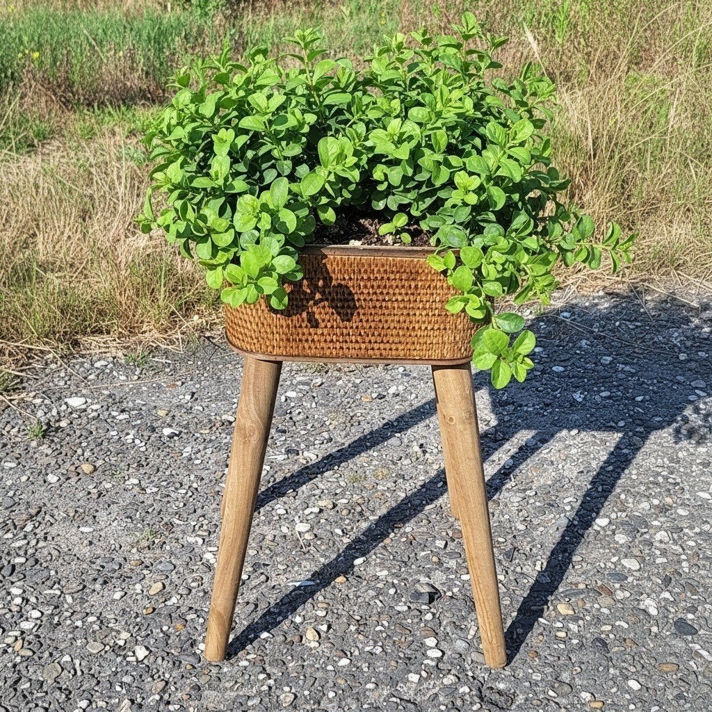 Nieuw! hippe en stijlvolle plantenbak met rotan op poten., Ophalen, Binnen, ., Minder dan 60 cm