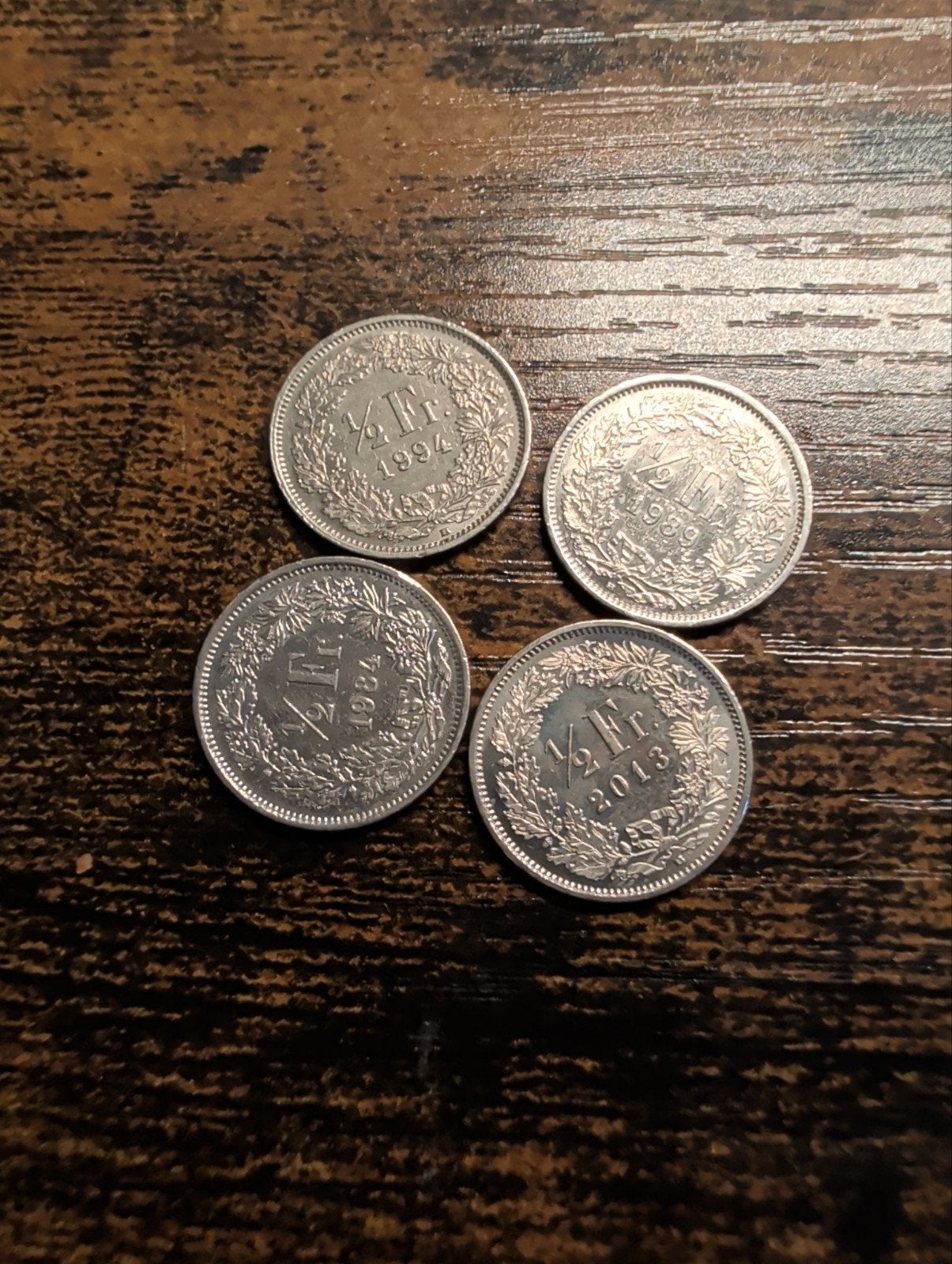 Set van 4 Zwitserse 1/2 Frank munten 1994, 1999, 2004, 2013), Postzegels en Munten, Ophalen, Overige landen, Setje, Zilver
