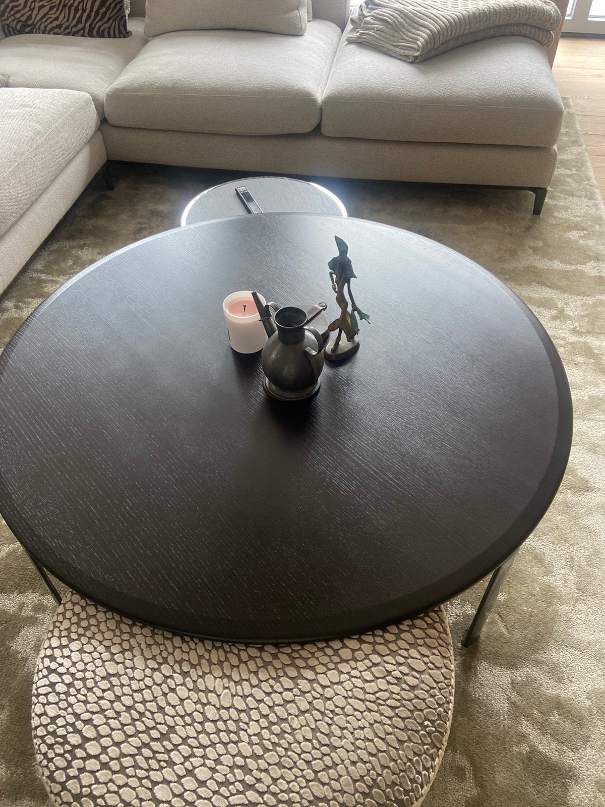 Minotti Salontafel Rond - 115  stalen poten hout blad, Ophalen, Gebruikt, 100 tot 150 cm, Rond