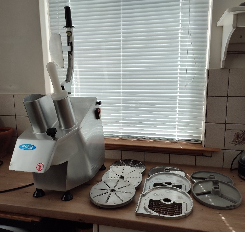 Maxima Snijmachine + snijschijven blokjes, plakjes en rapen, Ophalen, Zilver, Zo goed als nieuw, Metaal