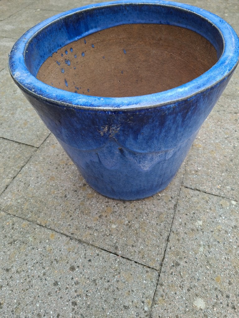 Grote blauwe geglazuurde keramieken bloempot Ø 35 cm, Tuin en Terras, Bloempotten, Gebruikt, Rond, Binnen, Minder dan 40 cm
