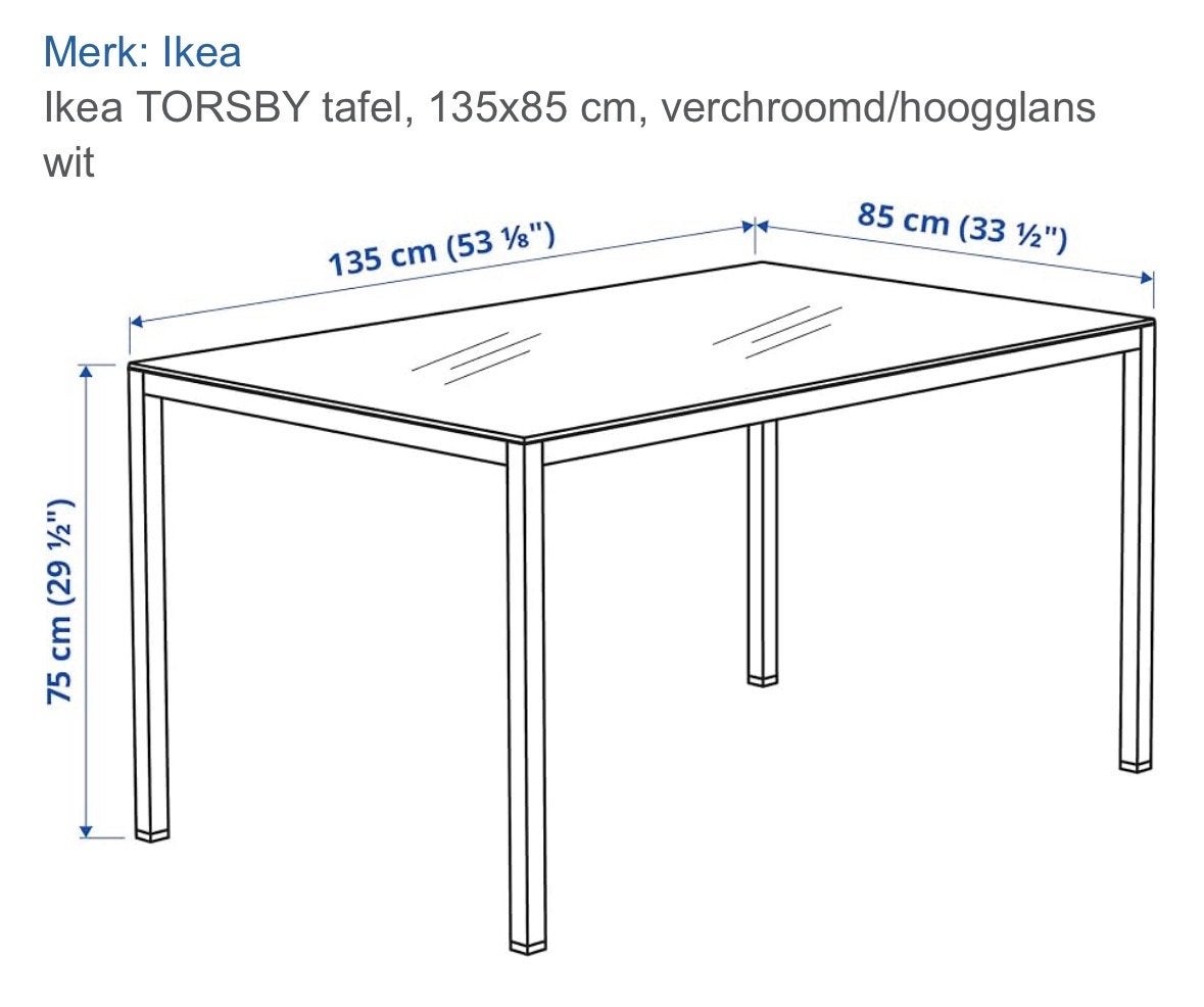 Ikea TORSBY tafel, 135x85 cm, verchroomd/hoogglans wit, Ophalen, Gebruikt, 100 tot 150 cm, 50 tot 100 cm