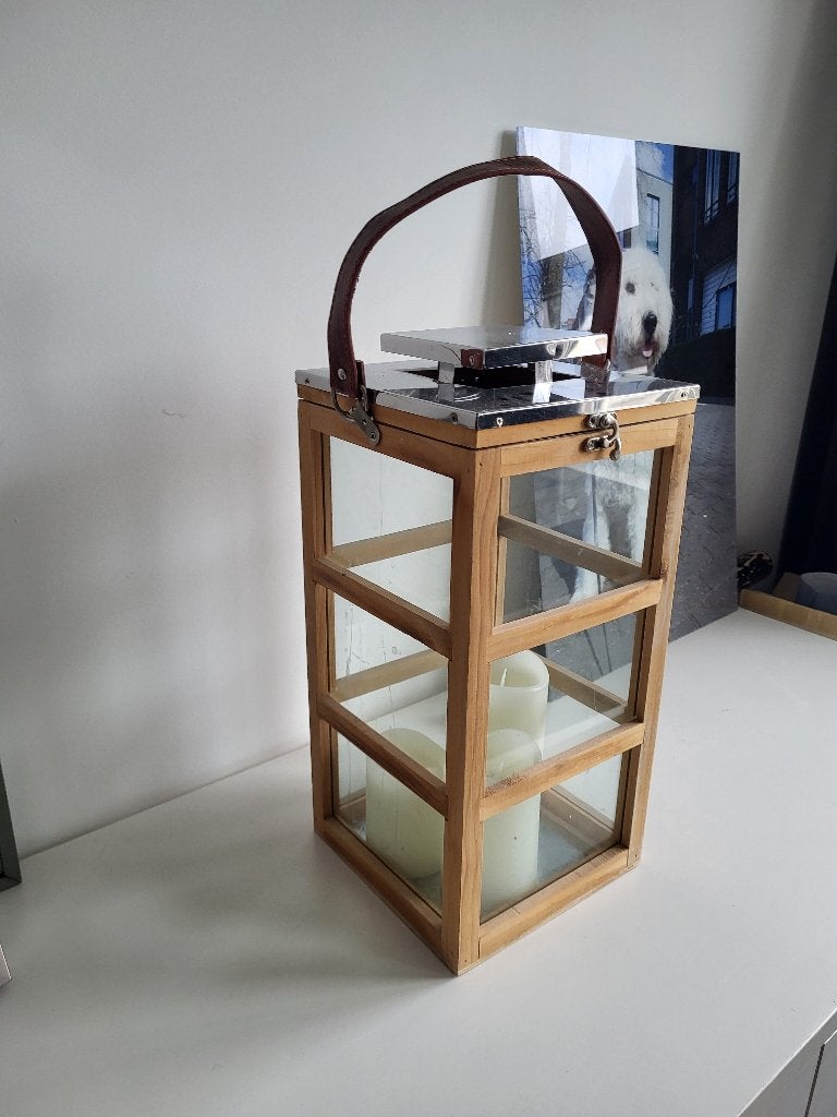 Houten windlicht, Ophalen, Bruin, Zo goed als nieuw, 44 cm