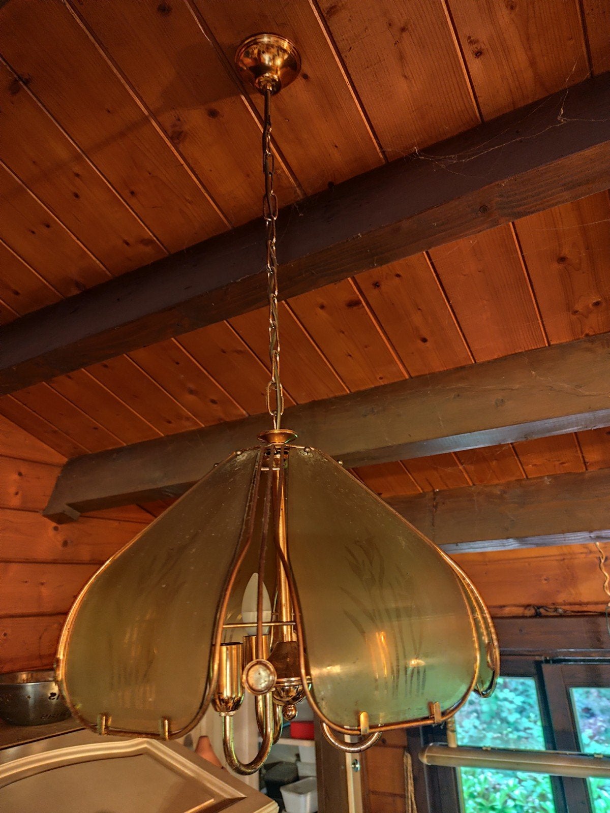 Vintage Gouden Hanglamp met Glazen Kappen, Ophalen