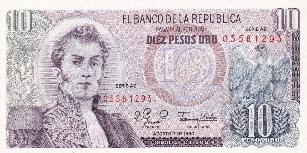 Colombia 10 pesos oro 7-8-1980 P407h, Verzenden, Zuid-Amerika, Los biljet