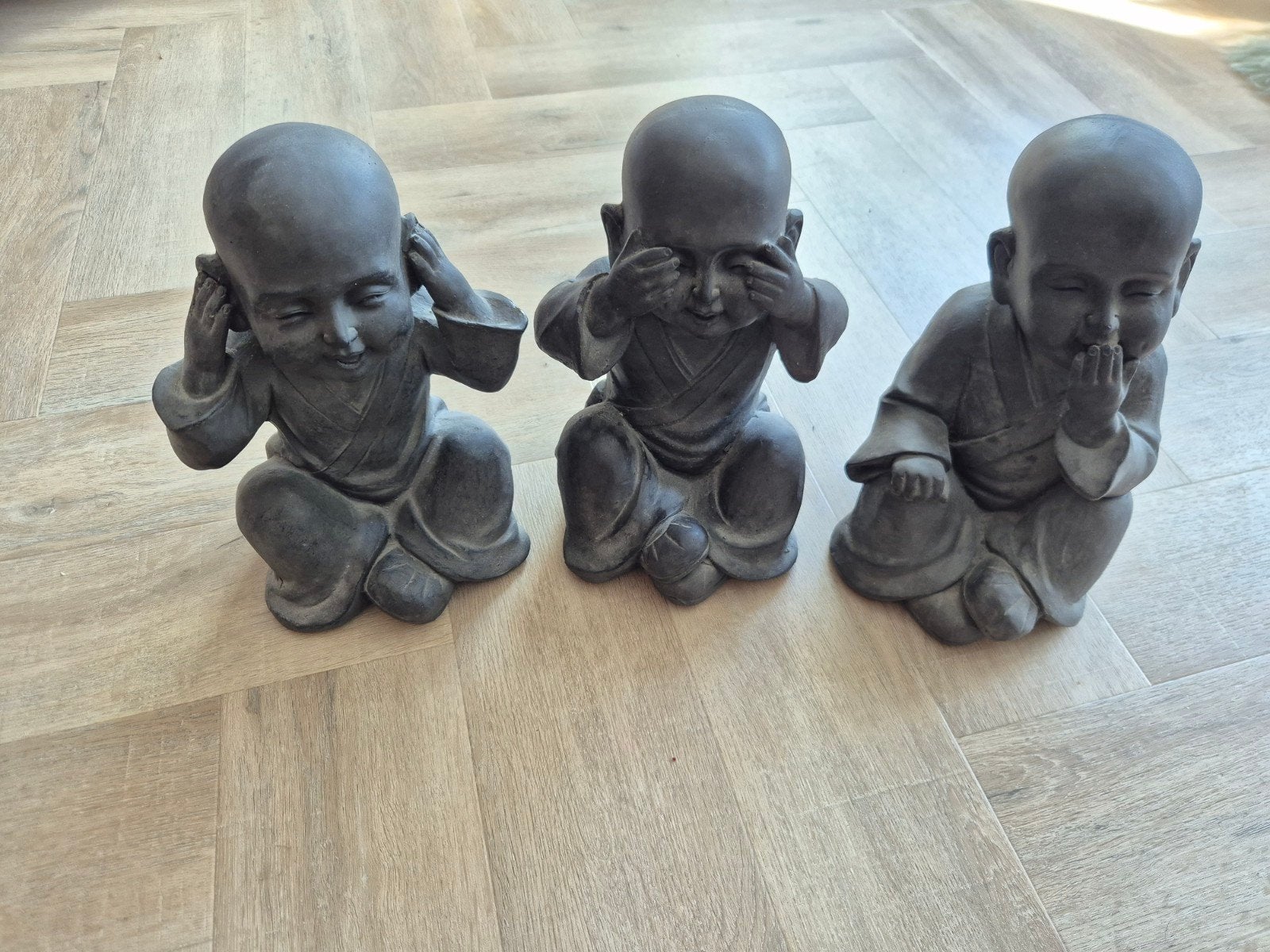 Set van 3 Boeddha beeldjes: Horen, Zien, Zwijgen, Ophalen, Grijs, Steen/keramiek, Oosters