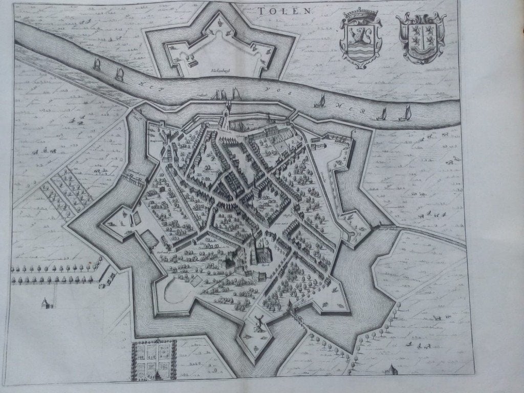 Tholen. 'Tolen' Blaeu kaart plattegrond. Ca. 1649, Cartografie, 50 cm, Gravure, Met tekst