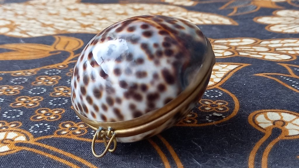 Mooi oud antiek doosje van een caurie schelp en koper 5,5 cm, Antiek en Kunst, Ophalen of Verzenden