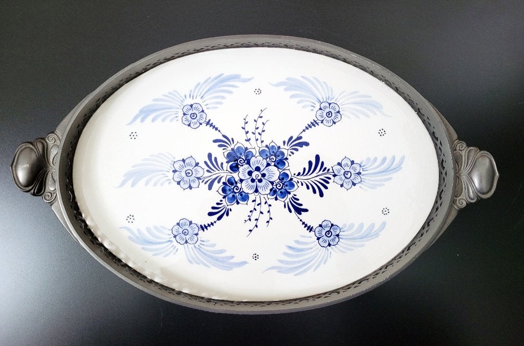 Delfts blauw dienblad met tinnen rand, Zo goed als nieuw, Dienblad, Ovaal, Steen/keramiek