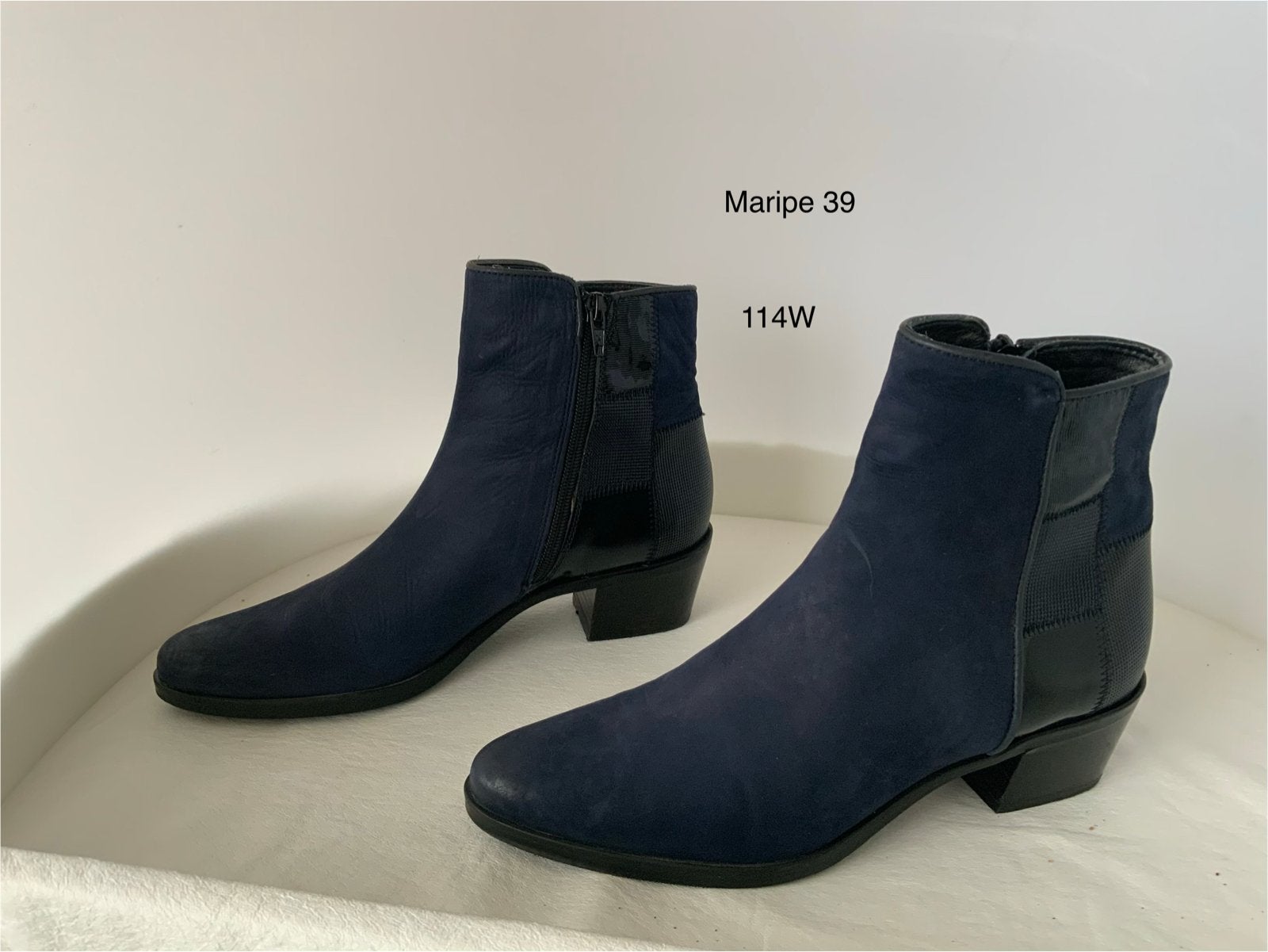 114W Maripé 39 Donkerblauwe Suède Enkellaarzen met Patchwork, Kleding | Dames, Blauw, Lage of Enkellaarzen, Ophalen of Verzenden