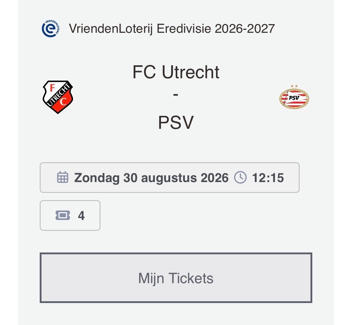 2x FC Utrecht - PSV | Rij 3 | Vak S | naast elkaar, Losse kaart, Twee personen, Augustus