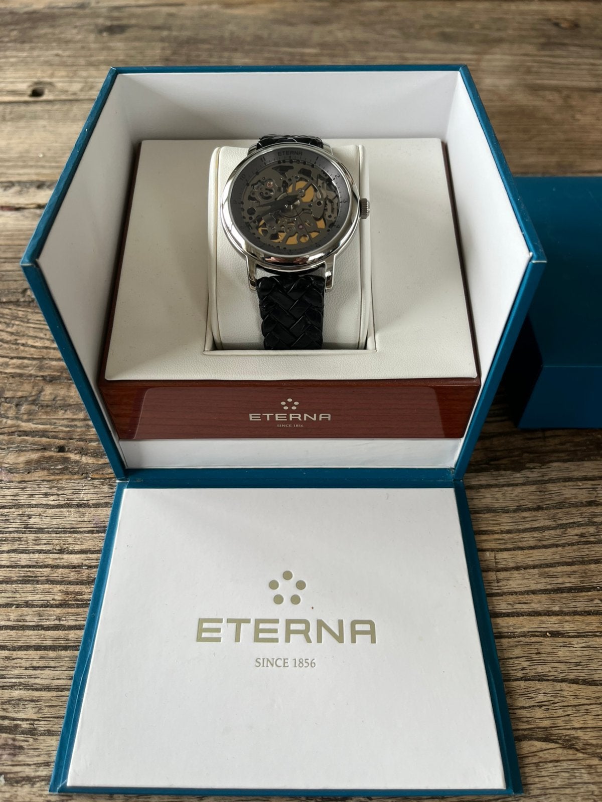 Eterna 1856 Skeleton (nr:155/160), Sieraden, Tassen en Uiterlijk, Overige merken, Leer, Staal, Polshorloge