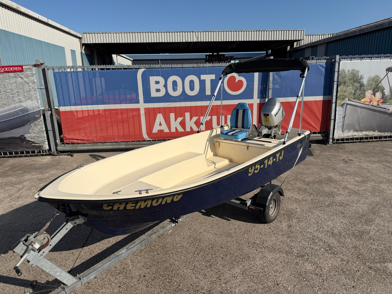 Rhea 430 met Honda 30pk buitenboordmotor en trailer, Overige merken, Gebruikt, Buitenboordmotor, Biminitop
