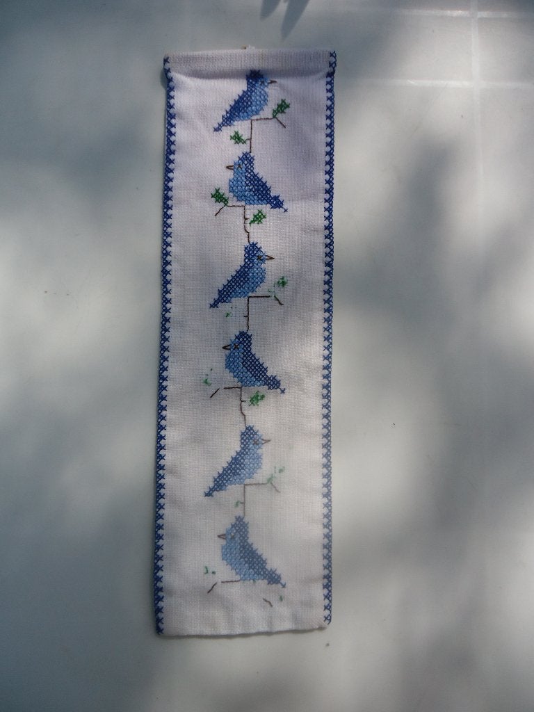 Oud vintage schellekoord / lap. Geborduurd blauwe vogels., Ophalen