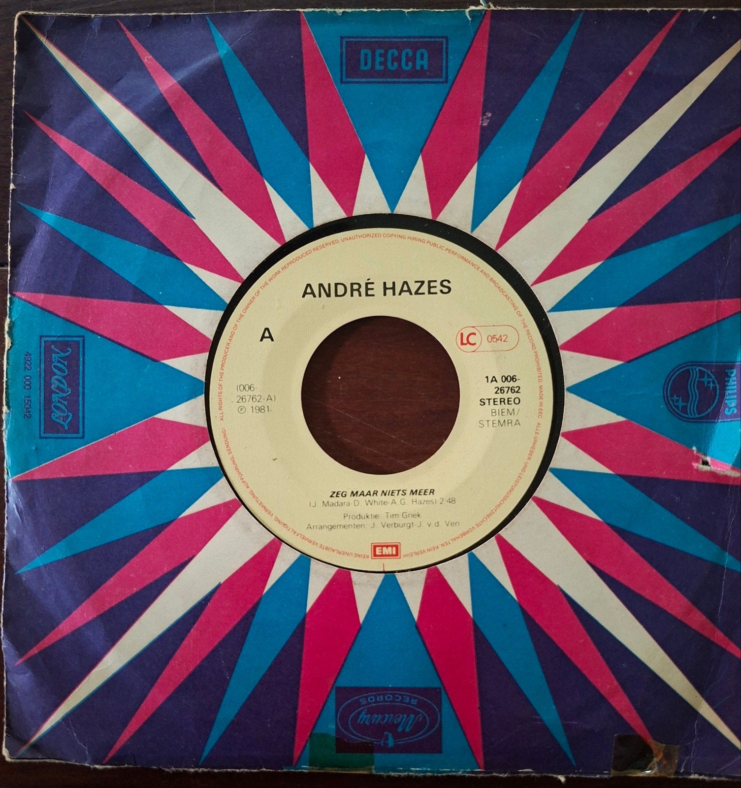 Single. - ANDRE HAZES. Zeg maar niets meer, Cd's en Dvd's, Ophalen of Verzenden, Zo goed als nieuw, Nederlandstalig