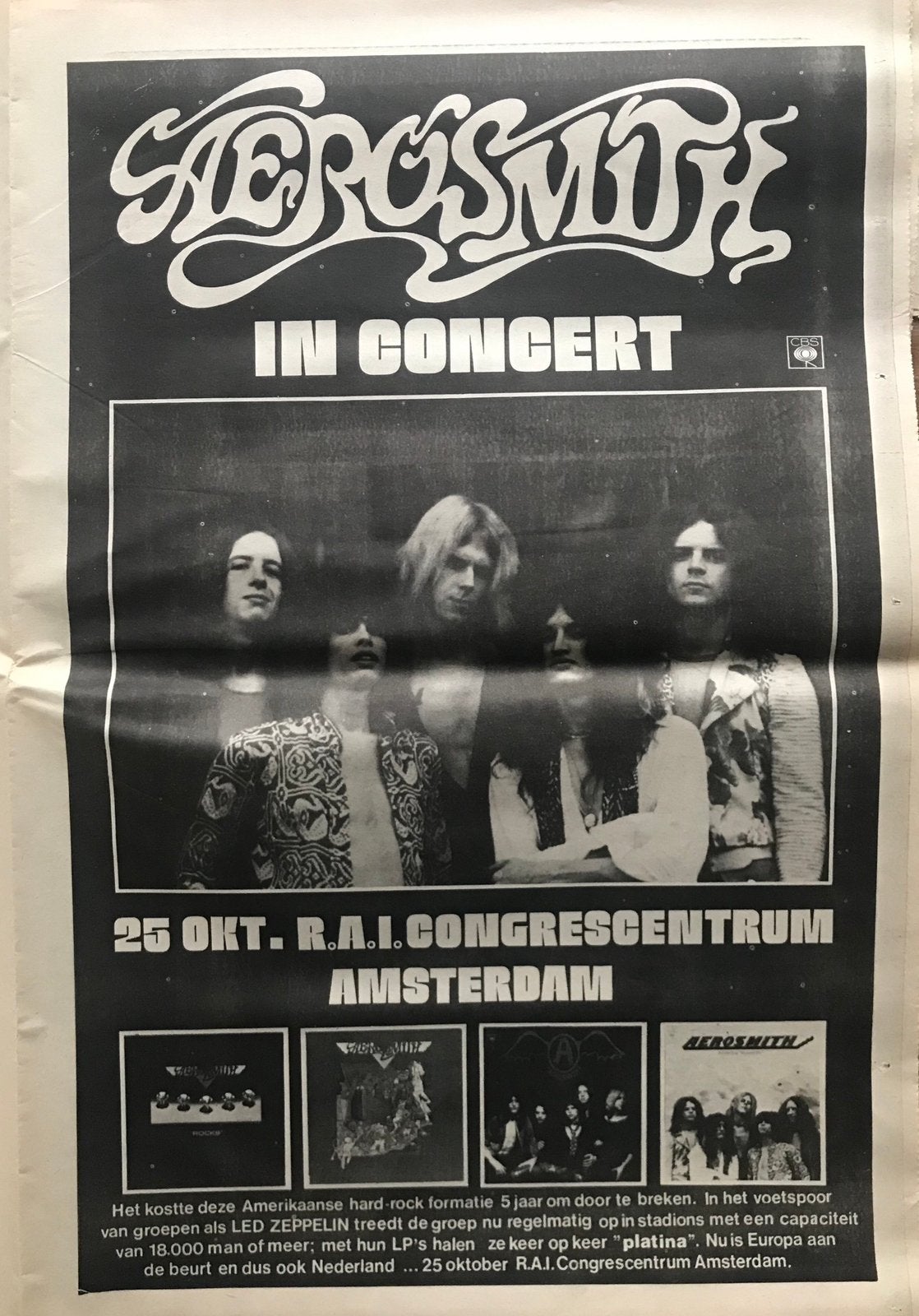 Paginagrote A3 advertentie AEROSMITH concert RAI Amsterdam, Verzamelen, Posters, Ophalen of Verzenden, Zo goed als nieuw, A4 of kleiner