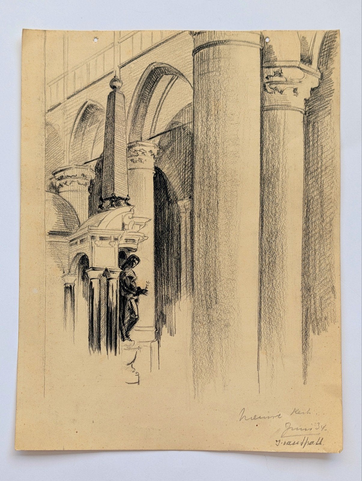 Originele Tekening Nieuwe Kerk Delft (1934) – J. van Hall, Ophalen of Verzenden, Tekening, Potloodtekening, Origineel