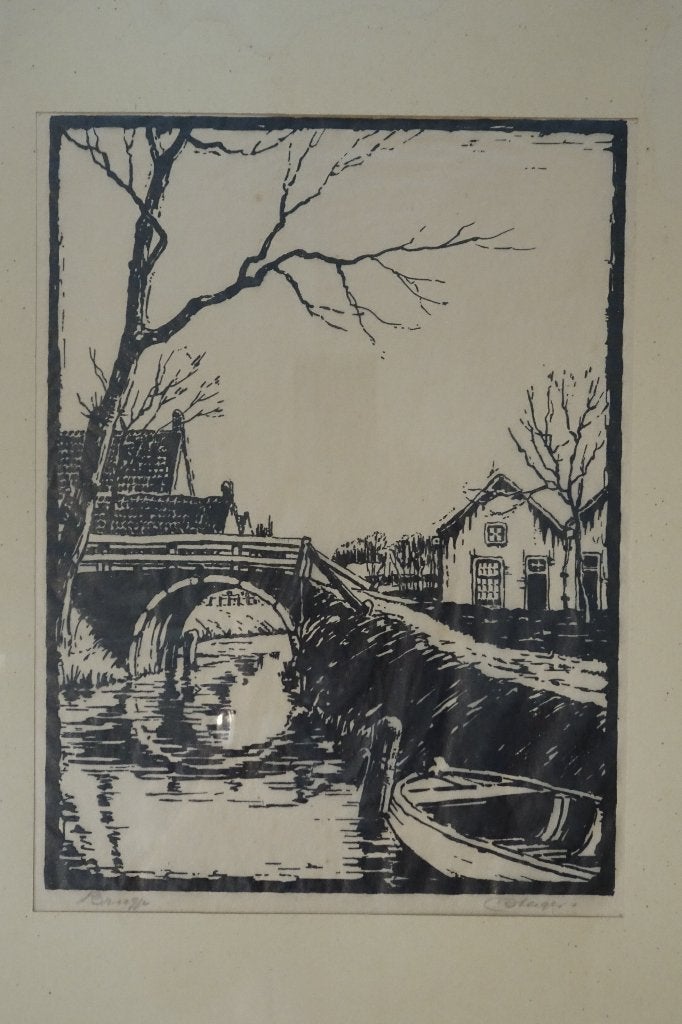houtsnede brug Lange Houtweg in Loosduinen, C. Steiger 1930, Antiek en Kunst, Ophalen of Verzenden, Landschap, 1900 - 1949, Houtsnede