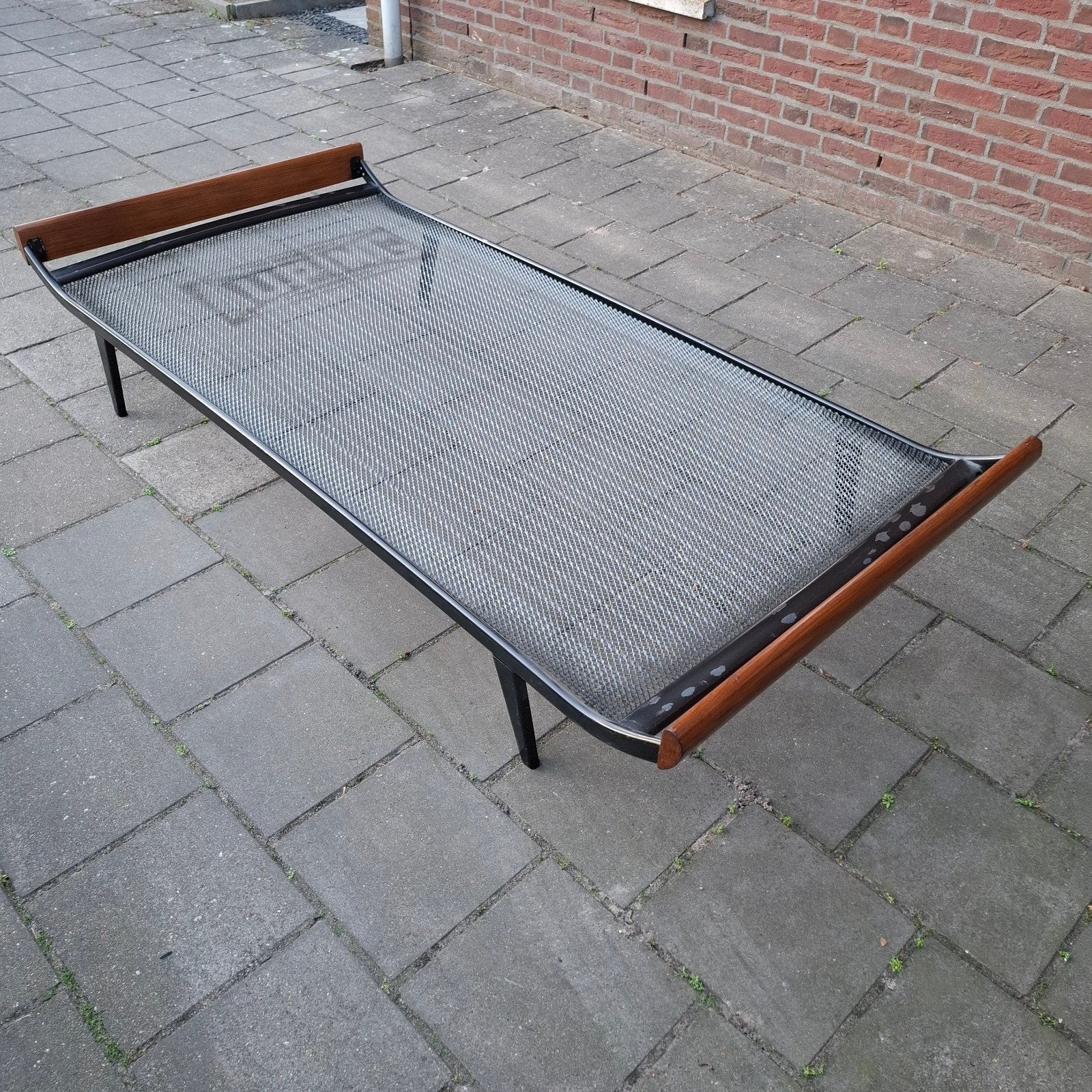 Retro Cleopatra spiraal bed sofa Auping teak hout vintage, Ophalen, Gebruikt, 90 cm, Eenpersoons