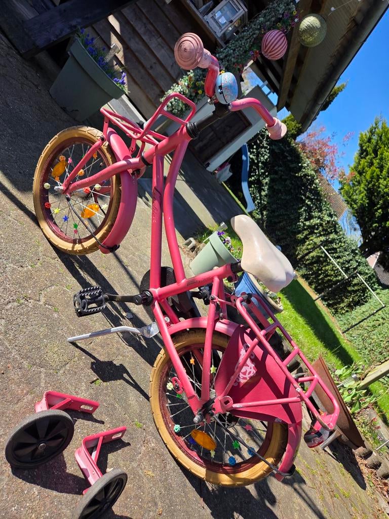 Roze 16 inch kinderfiets met zijwieltjes, Fietsen en Brommers, Fietsen | Meisjes, Ophalen, Gebruikt