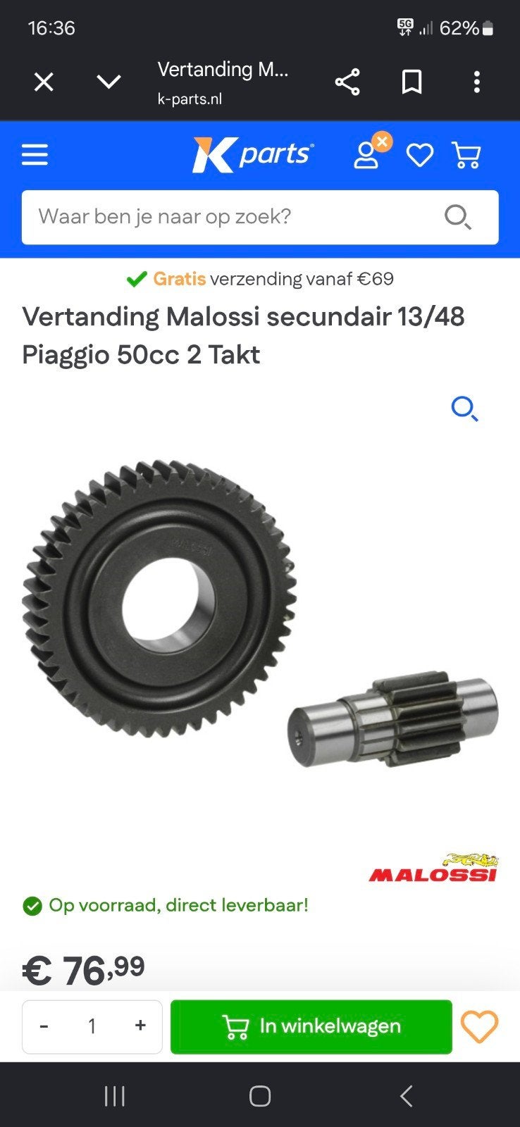 Mallosi vertanding piaggio 2 takt secundair 13/48 nieuw, Fietsen en Brommers, Ophalen, Nieuw, Piaggio