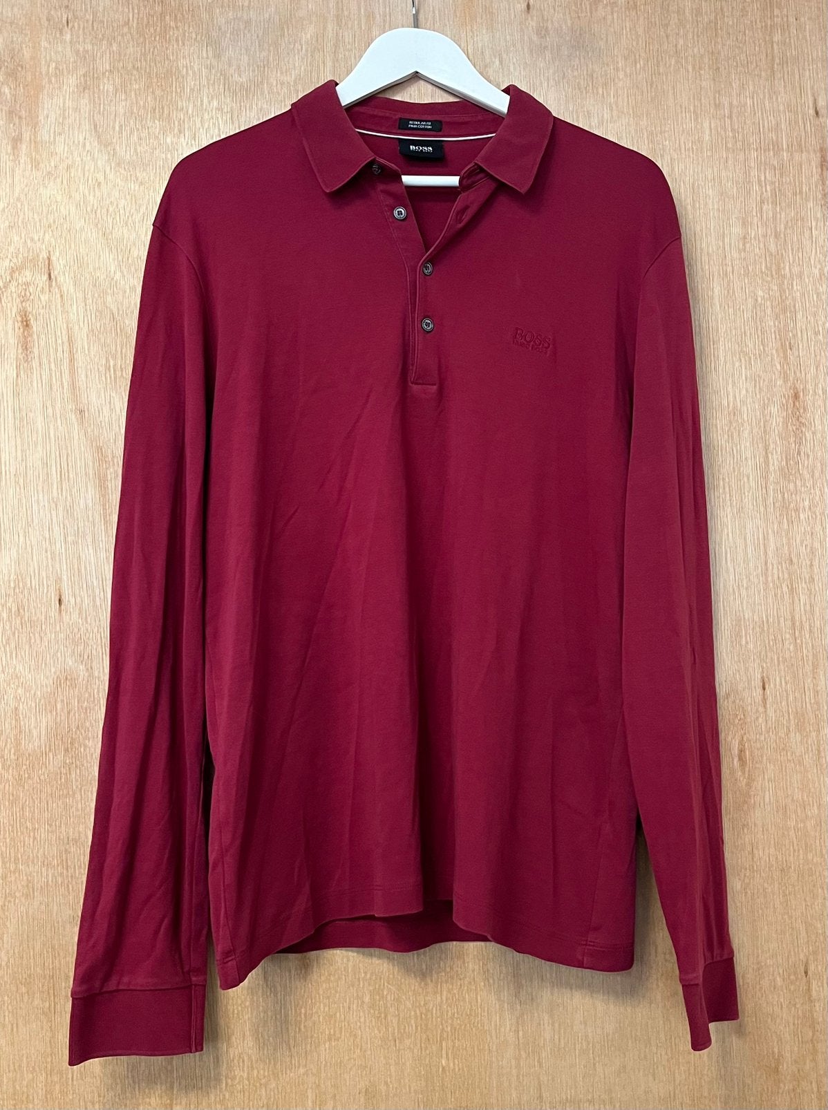 Hugo Boss longsleeve poloshirt met logo wijnrood - Maat XL, Ophalen of Verzenden, Zo goed als nieuw, Maat 56/58 (XL), Rood