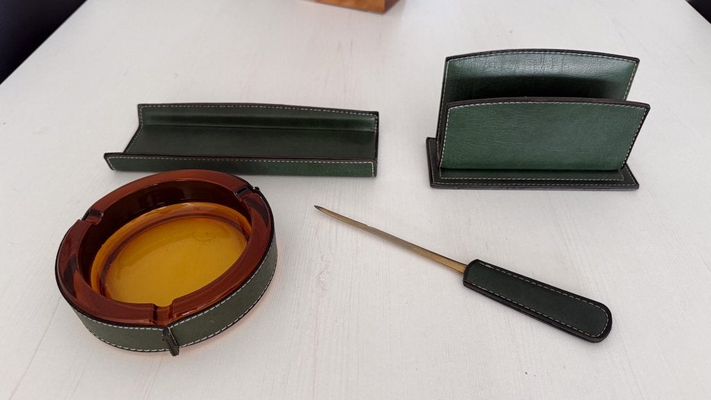 Vintage groene bureauset met glazen asbak & briefopener, Ophalen of Verzenden