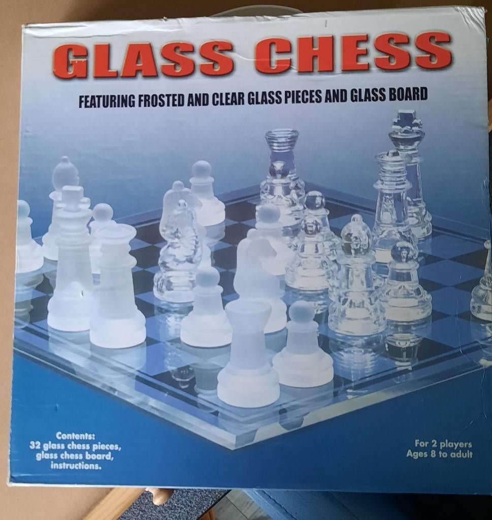 Schaakbord met stukken van glas 25 x 25 cm, Een of twee spelers, Ophalen of Verzenden, Zo goed als nieuw