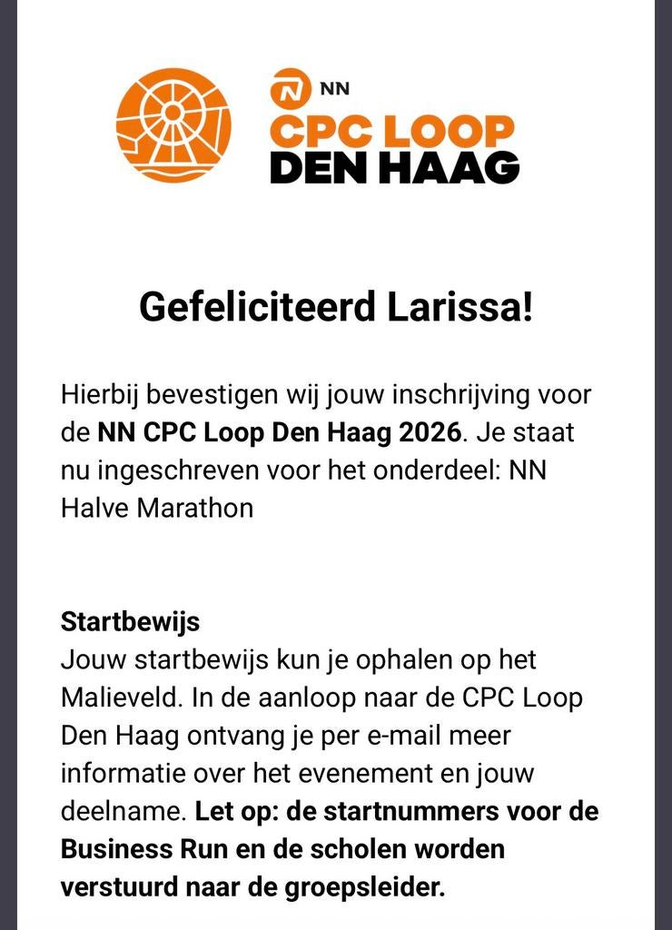 NN CPC Loop Den Haag - Halve Marathon startbewijs, Eén persoon