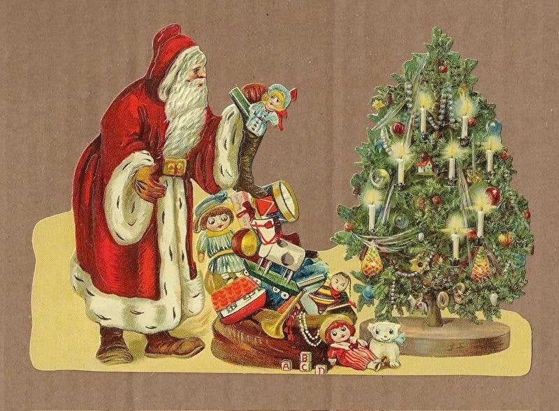 Kerstman legt cadeau's bij de kerstboom poezieplaatjes 5177, Verzamelen, Ophalen of Verzenden